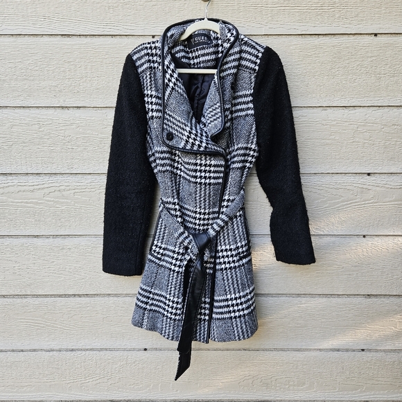 Guess black and white plaid belted wool-blend mid-length coat XXL - Picture 2 of 9